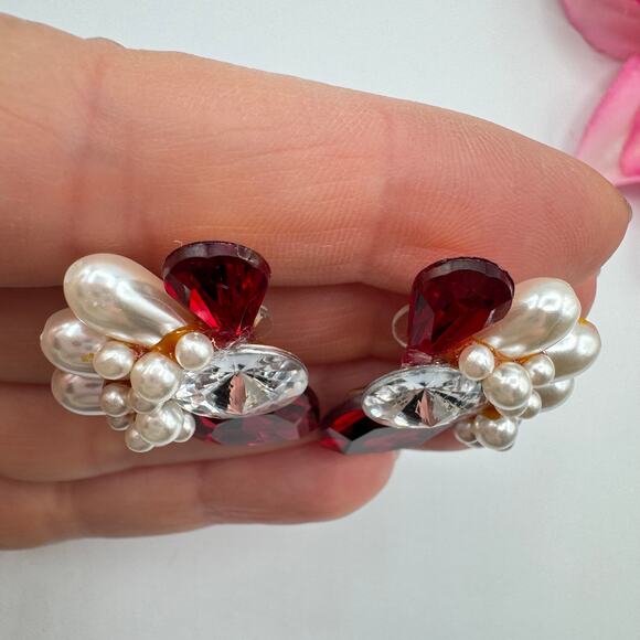 Vintage Big Red Rhinestone Faux Pearl Cluster Earrings Ballroom Dance Pageant - Picture 4 of 7